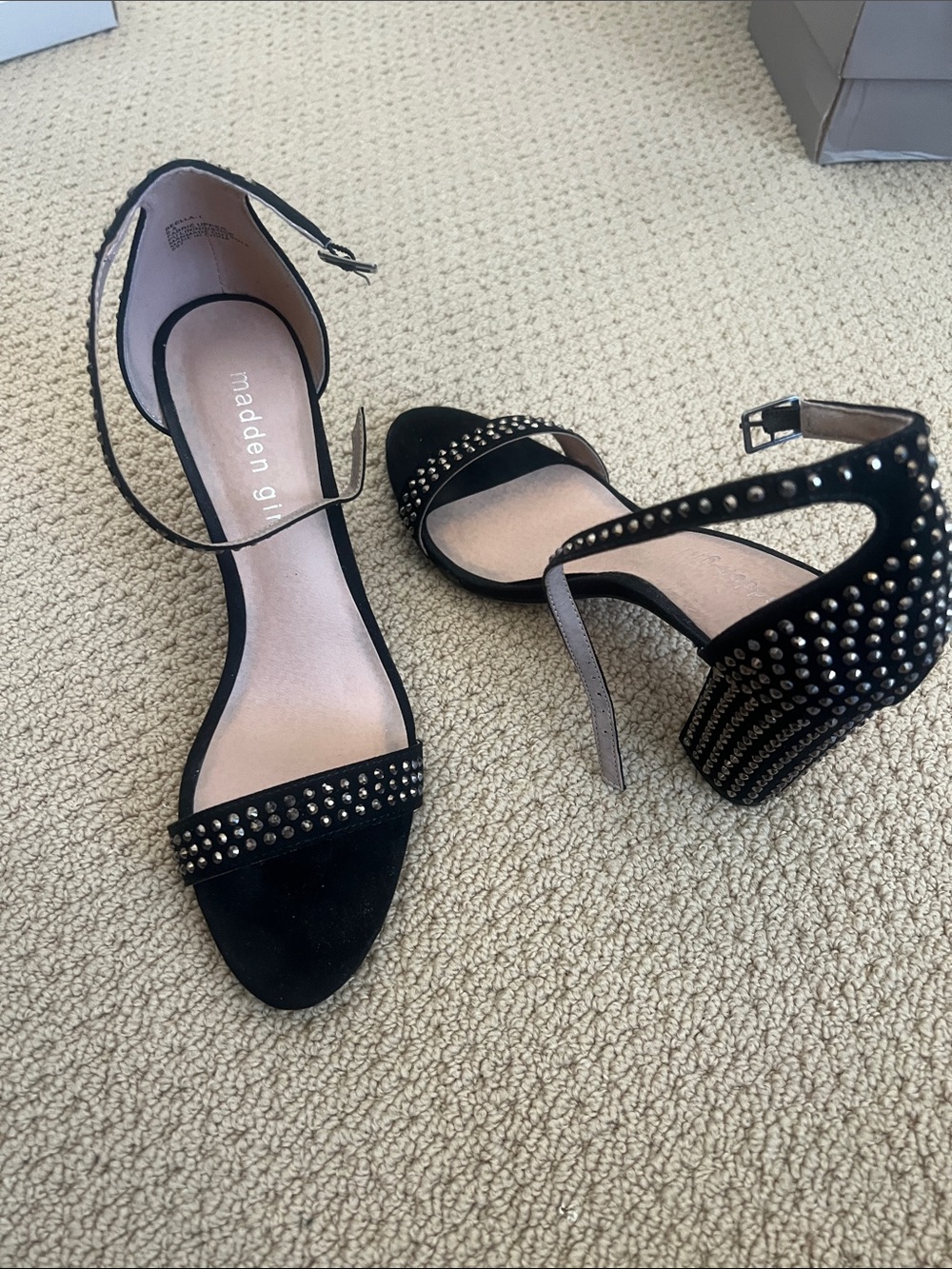 Madden Girl Black Studded Ankle-Strap Block Heels